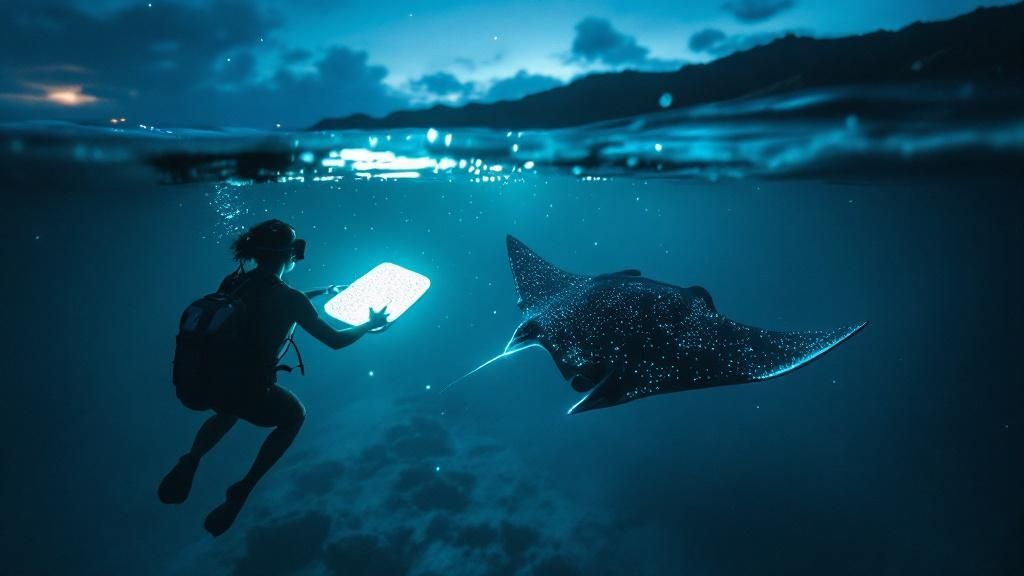 thumbnail_96cdd5 Diver with glowing tablet swims near manta ray in dimly lit ocean.