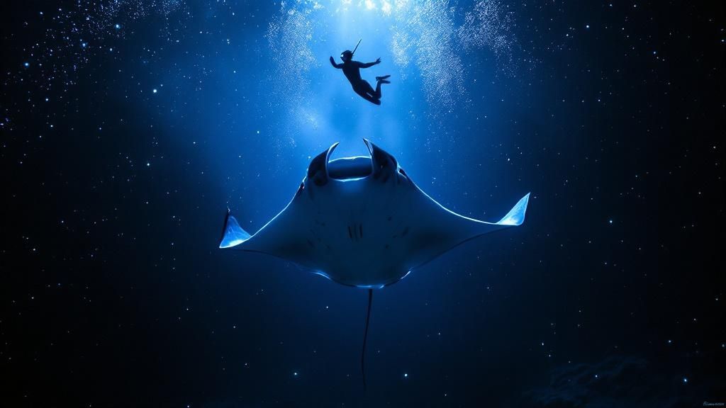 thumbnail_97926e Diver swims above a large manta ray illuminated by blue underwater light.