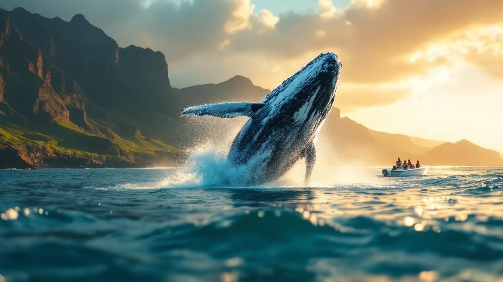 thumbnail_a629a3 A whale breaching near a boat with mountains and a sunset in the background.