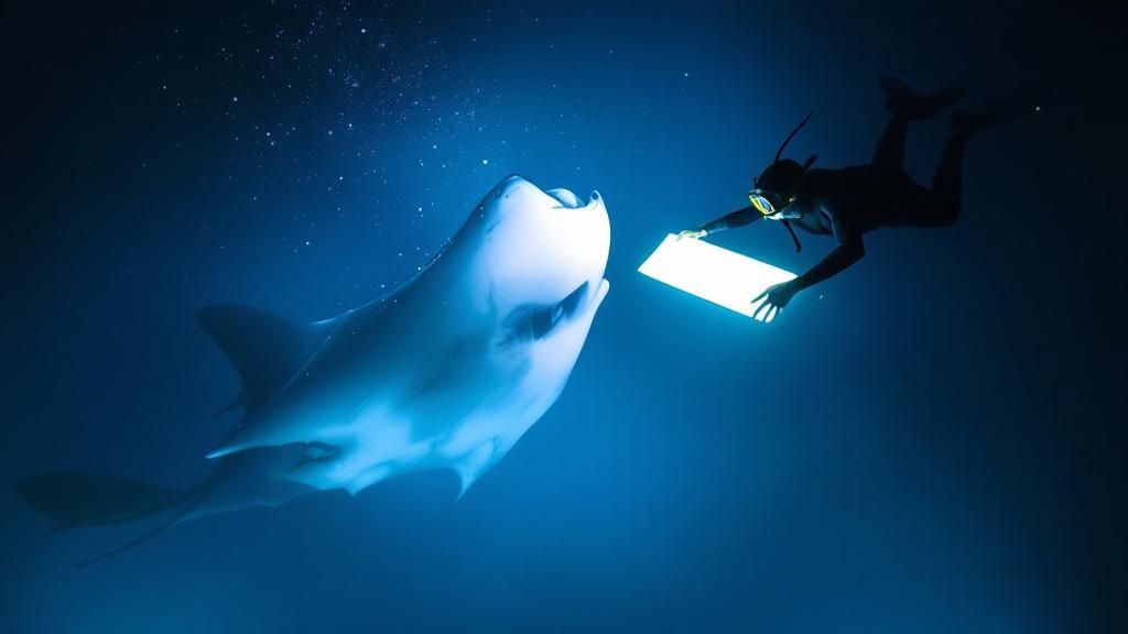 thumbnail_a8e022 Diver with light panel swimming near a large sunfish in dark blue ocean.