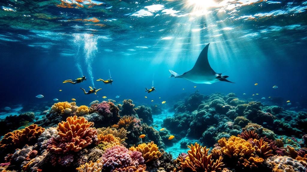 thumbnail_b269cd Divers swim near a manta ray over vibrant coral reef, sunlight streams through clear blue water.