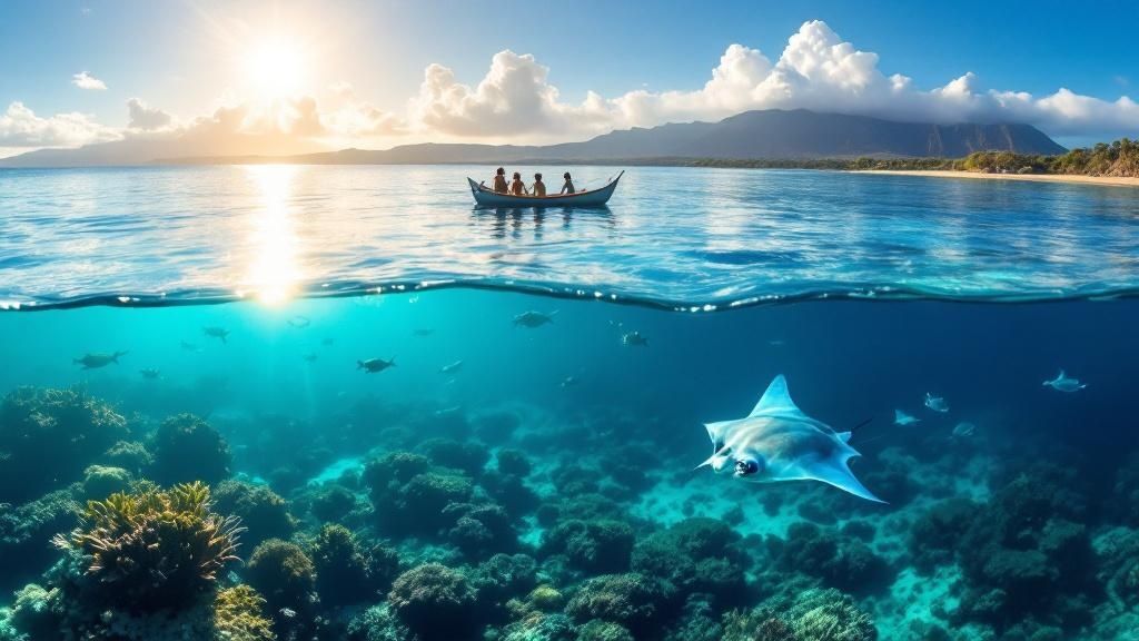 thumbnail_b376a7 Split image of boat on ocean surface and underwater scene with coral reef and manta ray.