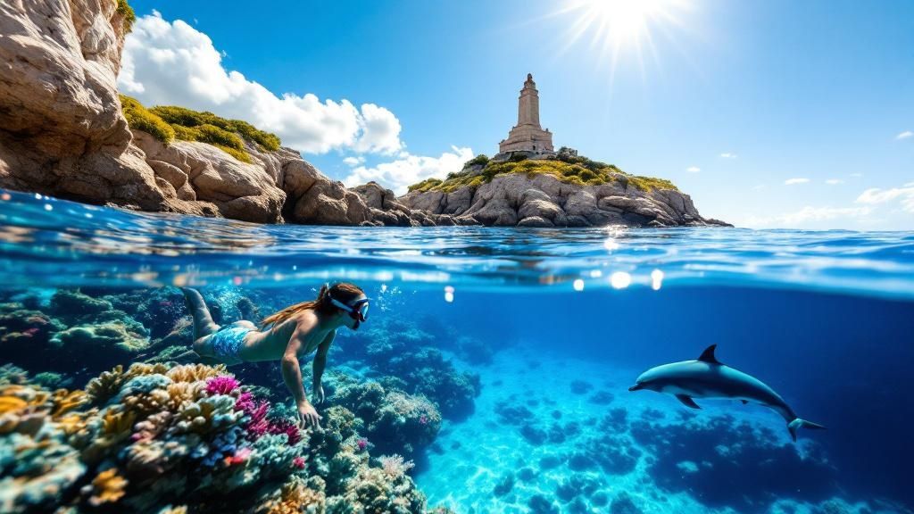 thumbnail_b494b0 Snorkeler and dolphin underwater near coral reef, lighthouse on rocky island above.