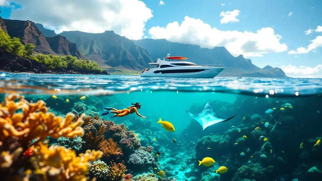 thumbnail_b9b106 Split view of a yacht on ocean surface and diver near coral reef with fish and manta ray below.