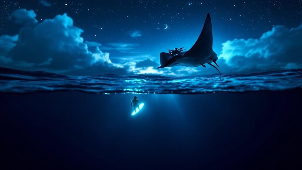 thumbnail_bb459a Surfer under water with glowing board beneath a giant manta ray at night, crescent moon in sky.