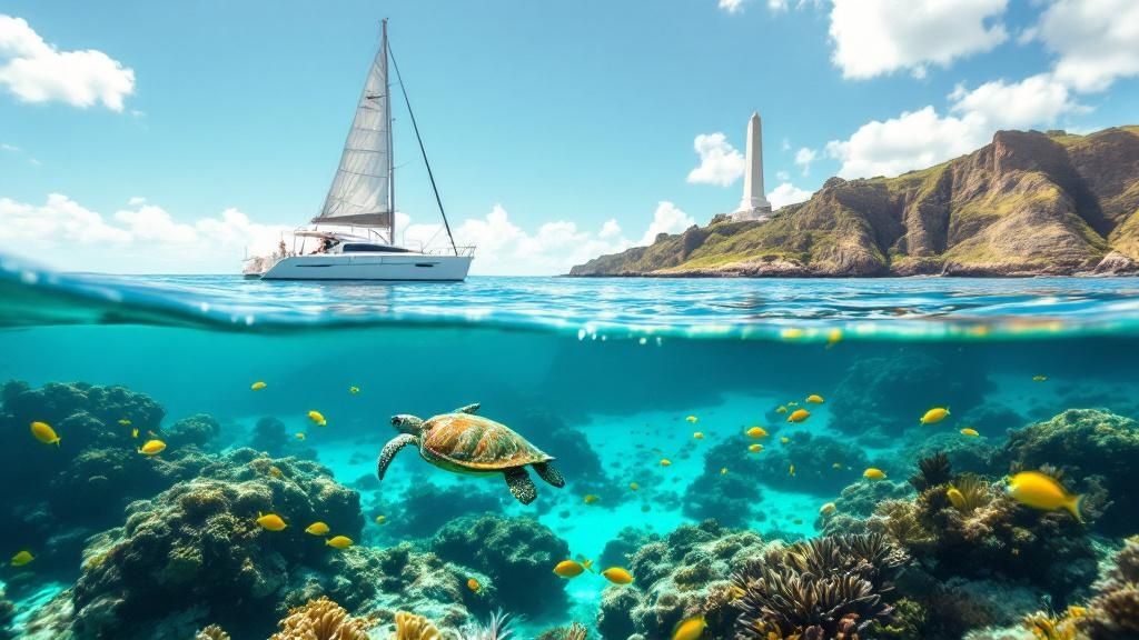 thumbnail_bbeb11 Split view of sailboat on sea and underwater scene with turtle and fish, rocky island in background.