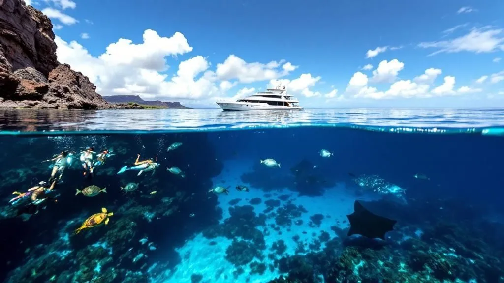 thumbnail_c4f6b7 Snorkelers and marine life under water near a yacht and rocky shore in a sunny seascape.