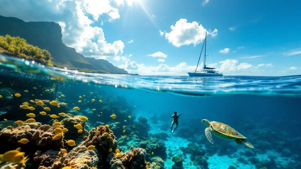 thumbnail_c82621 Split view of ocean: above, sailboat; below, diver, turtle, coral, and yellow fish.