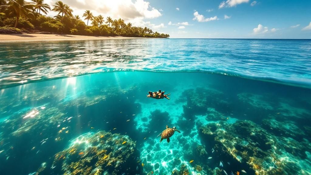 thumbnail_cb1730 Tropical beach with palm trees, sunlit ocean, and turtles swimming underwater near coral reefs.