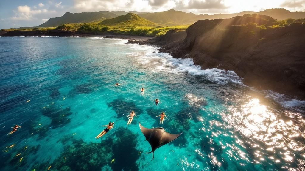 thumbnail_cc4f39 People snorkeling near a manta ray in clear ocean water with a rocky coast and lush green hills.