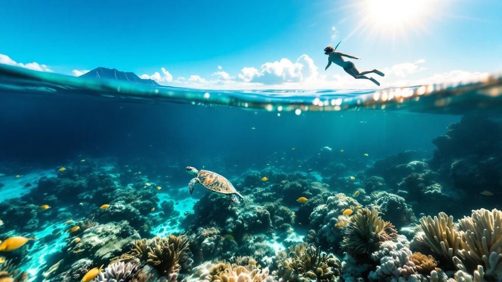thumbnail_ce6b83 Snorkeler swims above coral reef with fish and turtle in clear ocean, sun shining overhead.