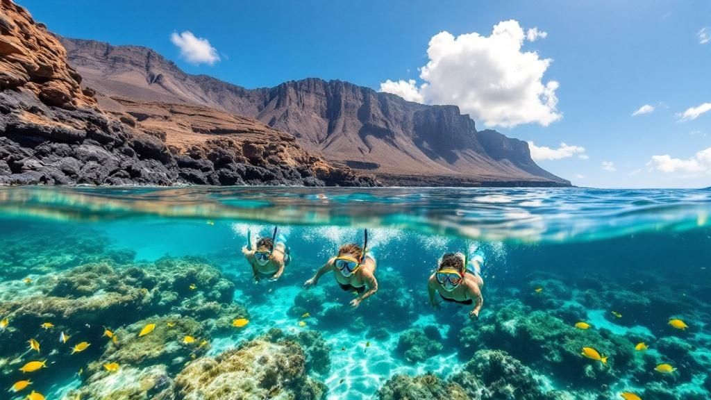 thumbnail_cfe6b7 Three snorkelers swim underwater with coral and fish, near rocky cliffs under a clear blue sky.