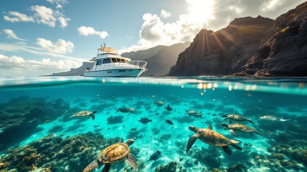 thumbnail_d385ca Boat on sea with turtles underwater, mountains in background, and sunlight streaming through clouds.