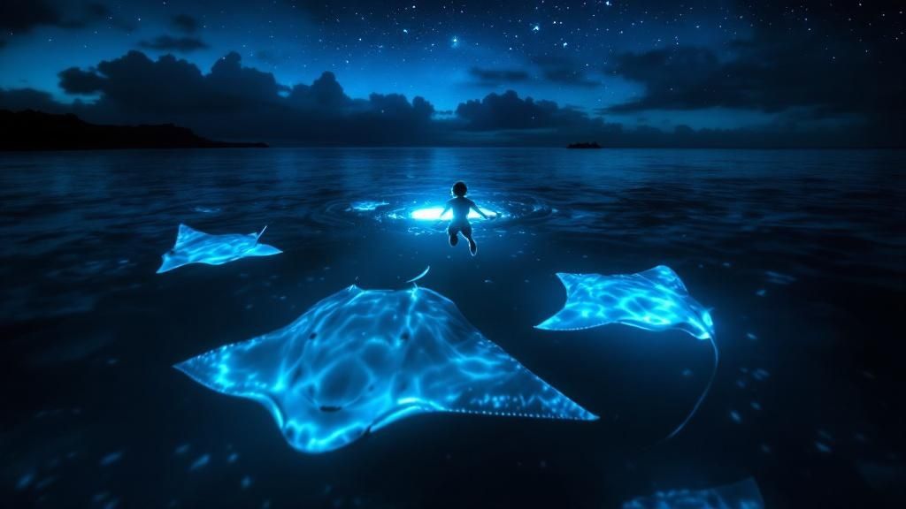 thumbnail_d6b8a5 Child floating in a glowing blue ocean at night, surrounded by luminescent rays under a starry sky.
