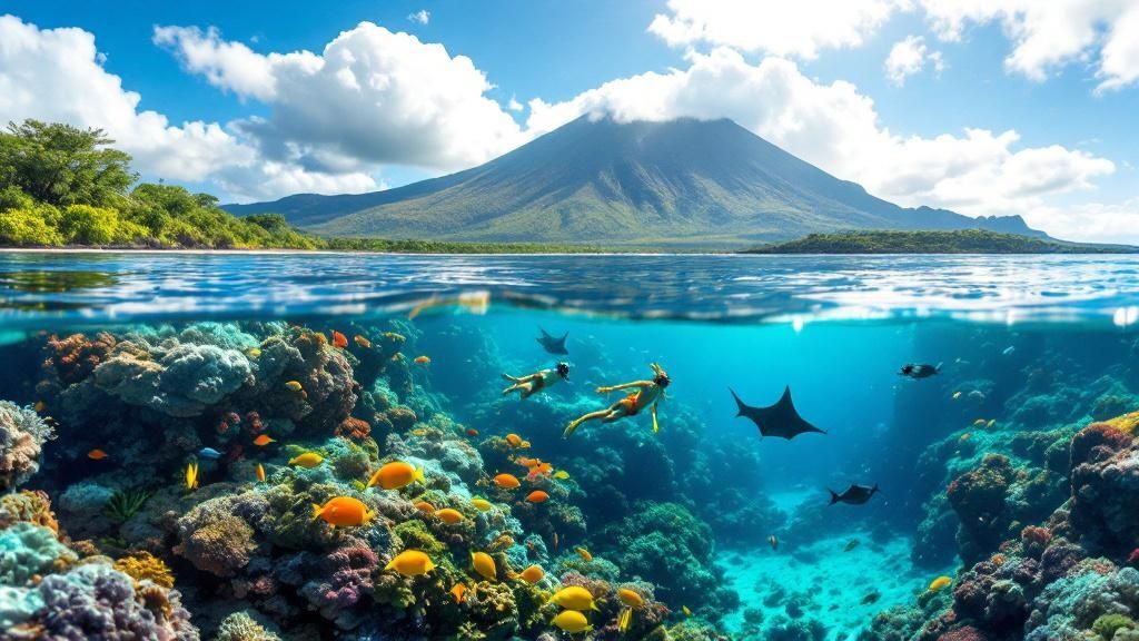 thumbnail_d8ebb8 Underwater view of coral reef, fish, divers, with a volcanic island above the water.