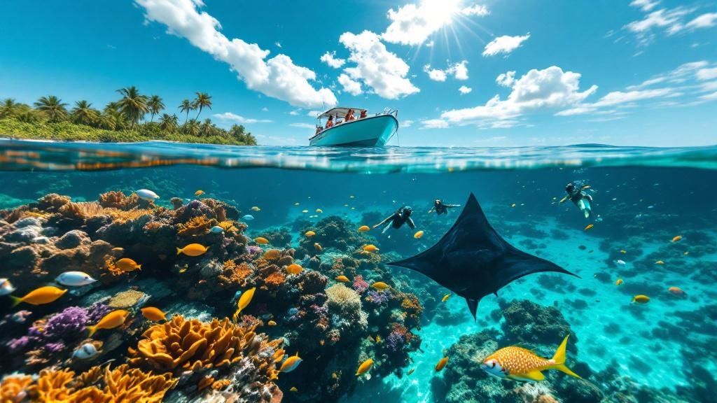 thumbnail_e3fae0 Split view of boat, coral reef, divers, and manta ray underwater in tropical paradise.