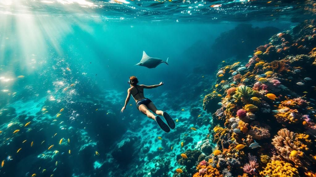 thumbnail_e540fd Person snorkeling above vibrant coral reef, with a manta ray and sunlight filtering through clear water.