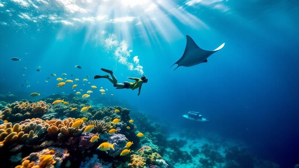 thumbnail_e806fc Diver swims near coral reef with yellow fish and a manta ray under sunlit water.