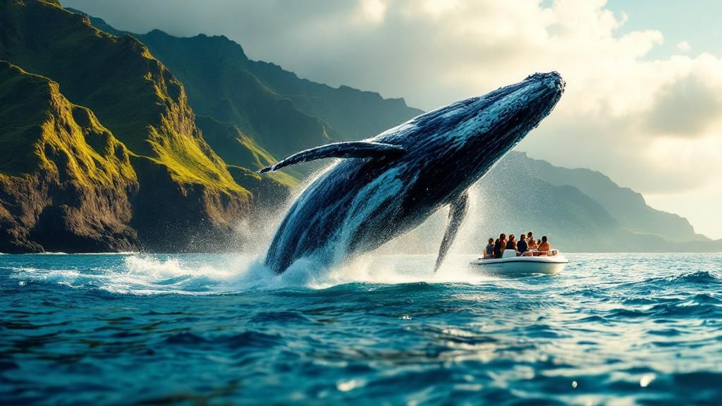 thumbnail_e925da Whale breaching near tour boat on ocean, with green cliffs in background.