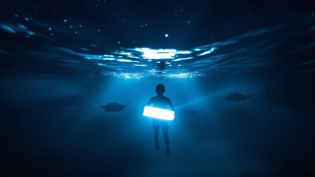 thumbnail_eb129c Person holding glowing object underwater, surrounded by stingrays in dark, blue ambient light.