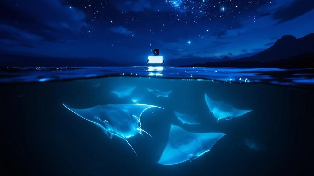thumbnail_f0070f Glowing manta rays swim under a starry night sky with a boat above water.