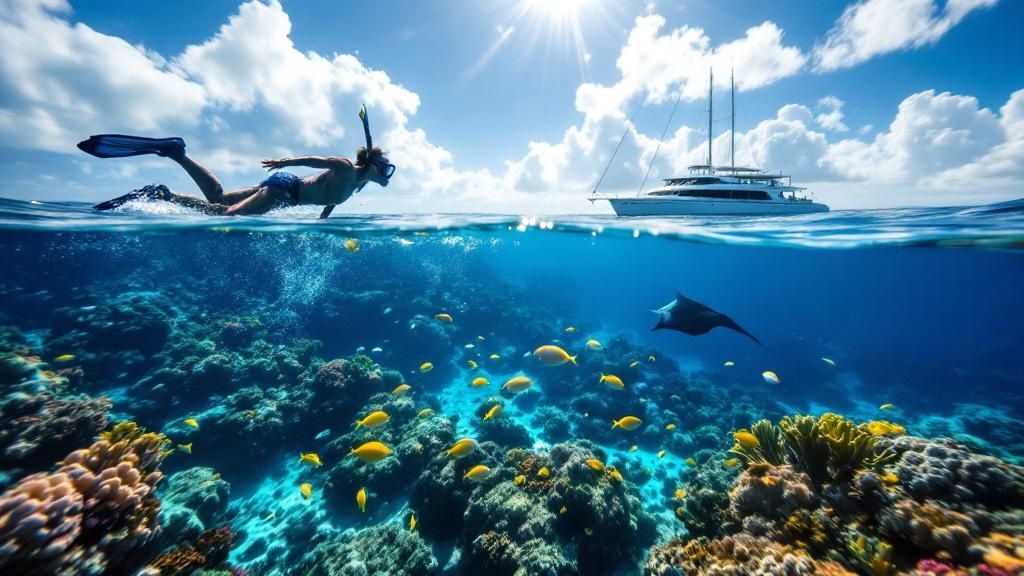 thumbnail_f3b6ac Person snorkeling above coral reef with fish; yacht in background under sunny sky.