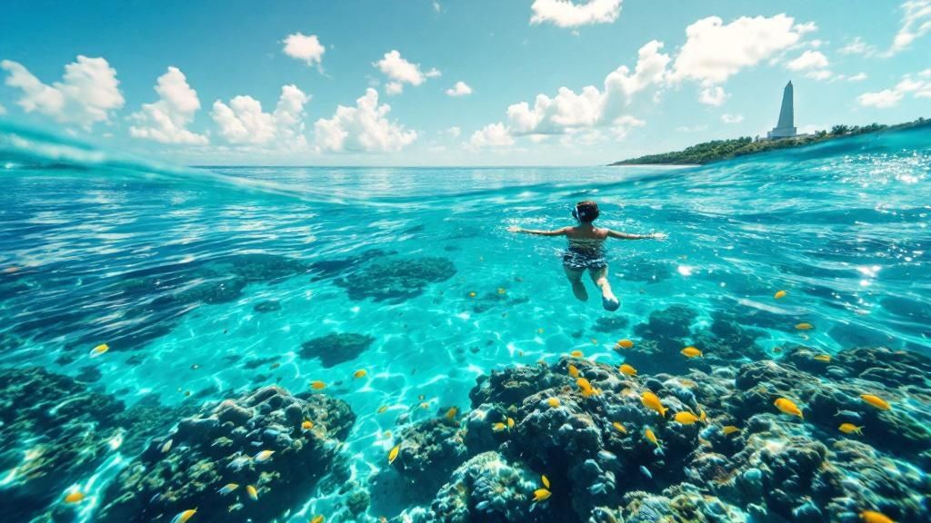 thumbnail Person snorkeling in clear ocean above coral reef with yellow fish, distant monument on the horizon.