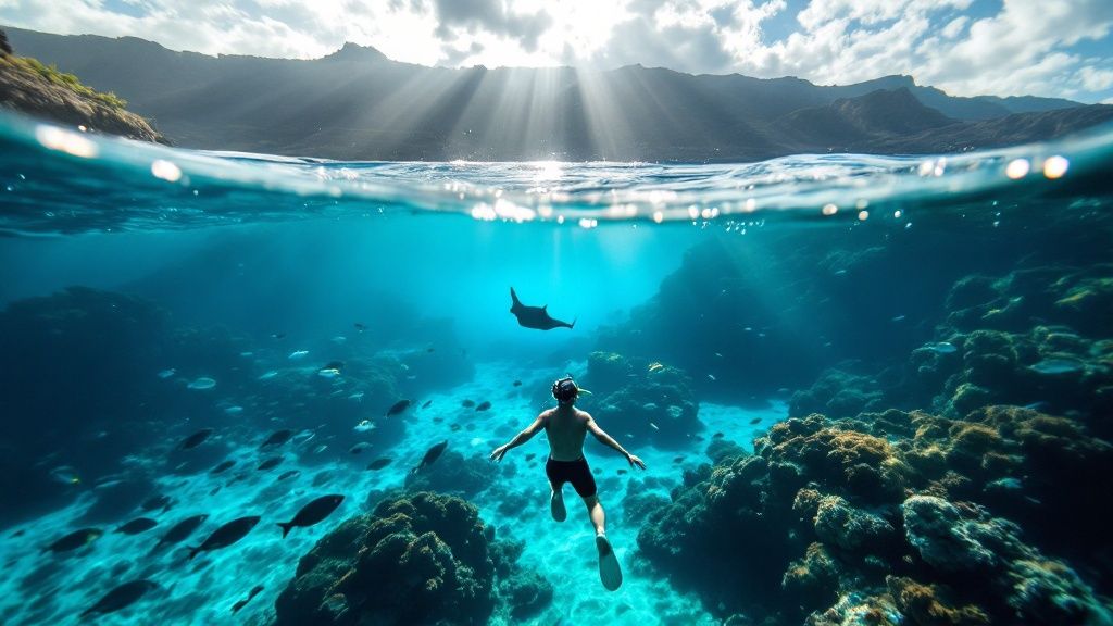 thumbnail_069496 Snorkeler swims near coral and fish underwater, with mountains and sunrays above the ocean surface.