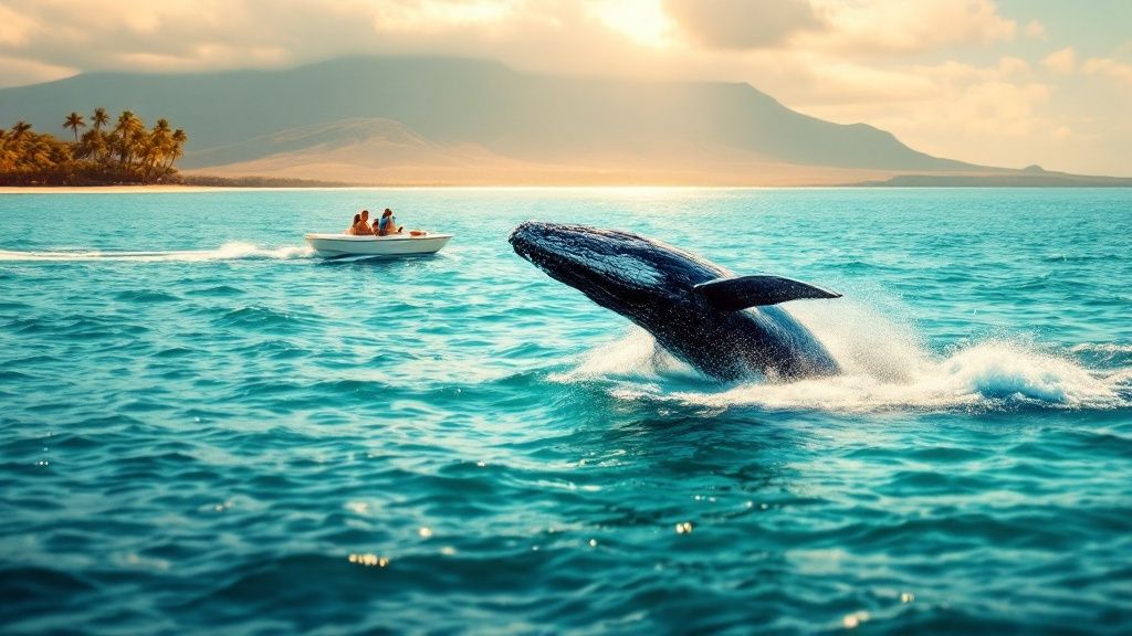 thumbnail_09454b Whale breaching near a small boat with people, tropical island and mountains in background.