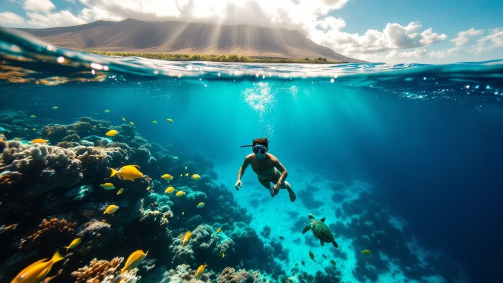 thumbnail_0b2bb3 Snorkeler with fish and turtle over coral reef, mountain and sky above.
