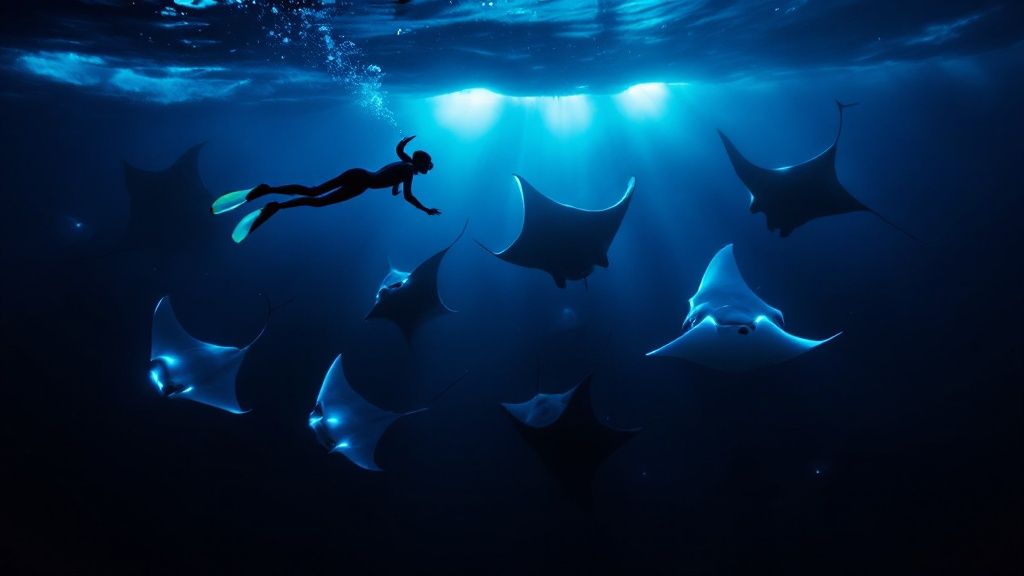 thumbnail_0b5a59 Underwater diver swims with illuminated manta rays in deep blue ocean.