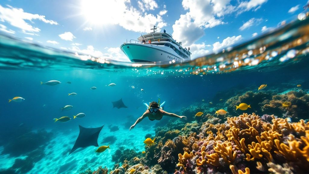 thumbnail_10513d Snorkeler swims near coral reef, with fish and a boat above in clear ocean waters.