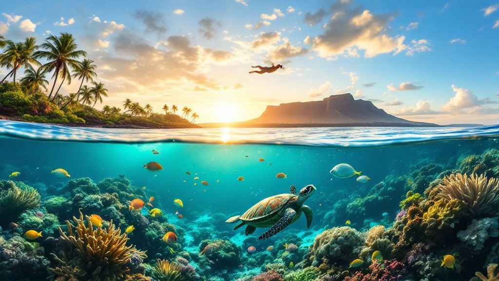 thumbnail_116718 Tropical island sunset with a turtle swimming underwater and a person diving above.