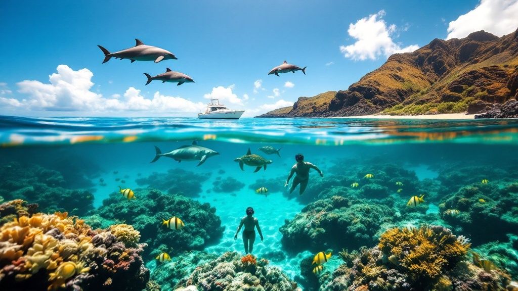 thumbnail_14b5d0 Underwater scene with swimmers, coral, fishes, and dolphins leaping above, near a boat and island.