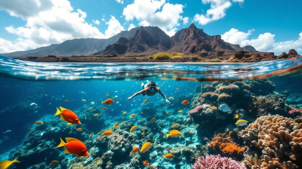 A snorkeler swims above vibrant coral reef with colorful fish, mountains and sky visible above the waterline.