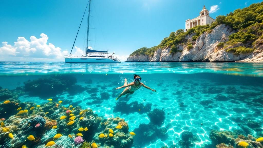 thumbnail_191257 Person snorkeling near coral reef, with a sailboat and a cliffside building in the background.
