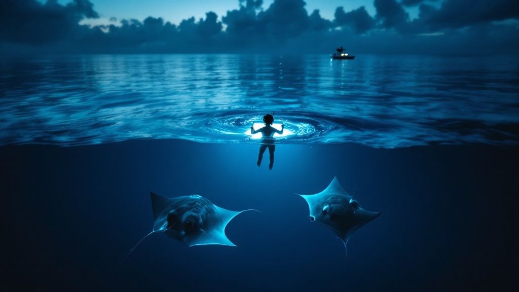 thumbnail_1941a0 Person swimming at night with two manta rays in the ocean, under a starry sky.