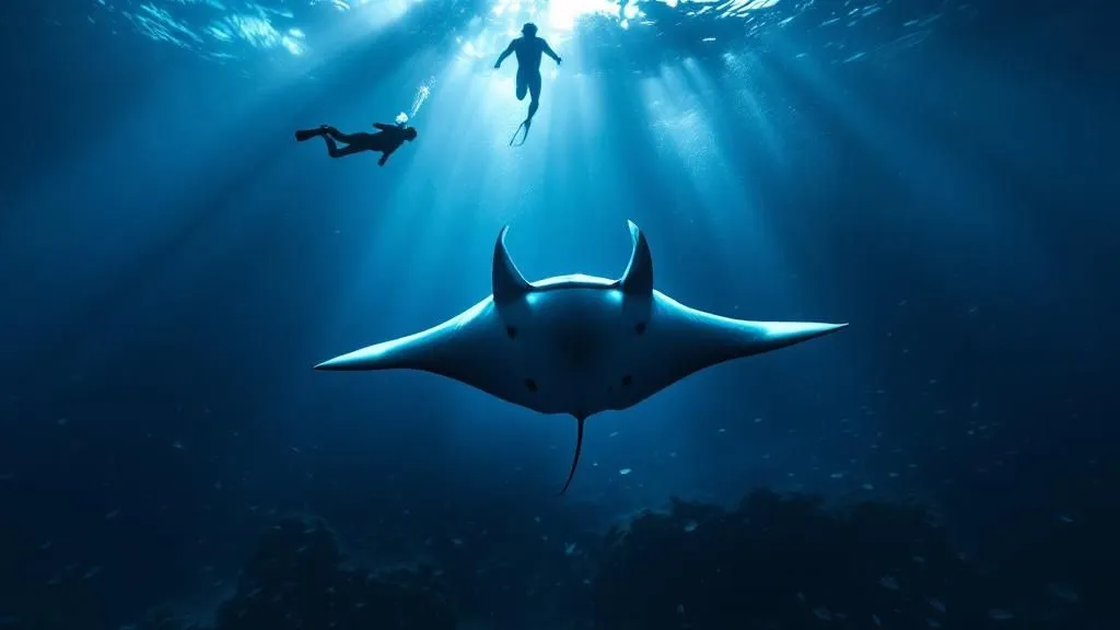 thumbnail_1b93bd Divers swim above a large manta ray in deep blue ocean with sunlight filtering through water.