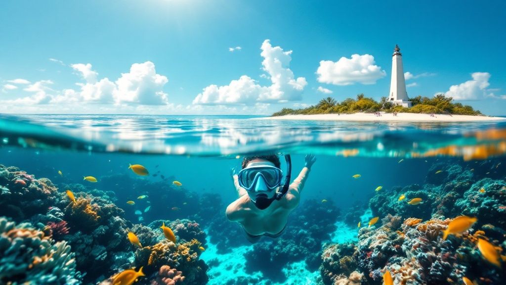 thumbnail_1c010c Snorkeler underwater near coral reef and island with lighthouse under blue sky.