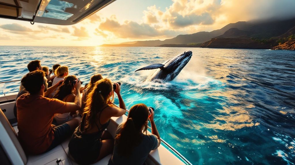 thumbnail_1d65e5 People on a boat watching a whale breaching in the ocean at sunset.