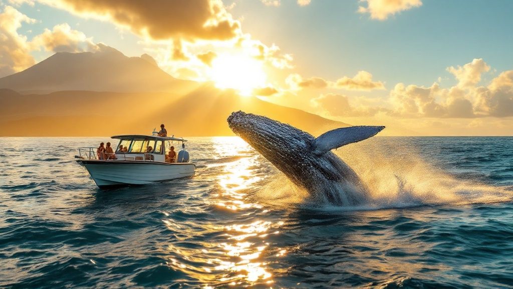 Boat with people near a breaching whale at sunset with mountains in the background.