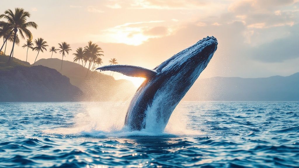 thumbnail_2298b4 Whale breaching ocean near sunset, palm trees on distant shore.