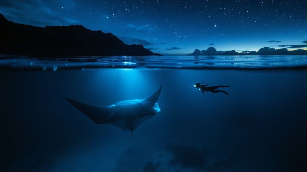 thumbnail_259c07 Underwater night scene with diver and manta ray, starry sky above water.