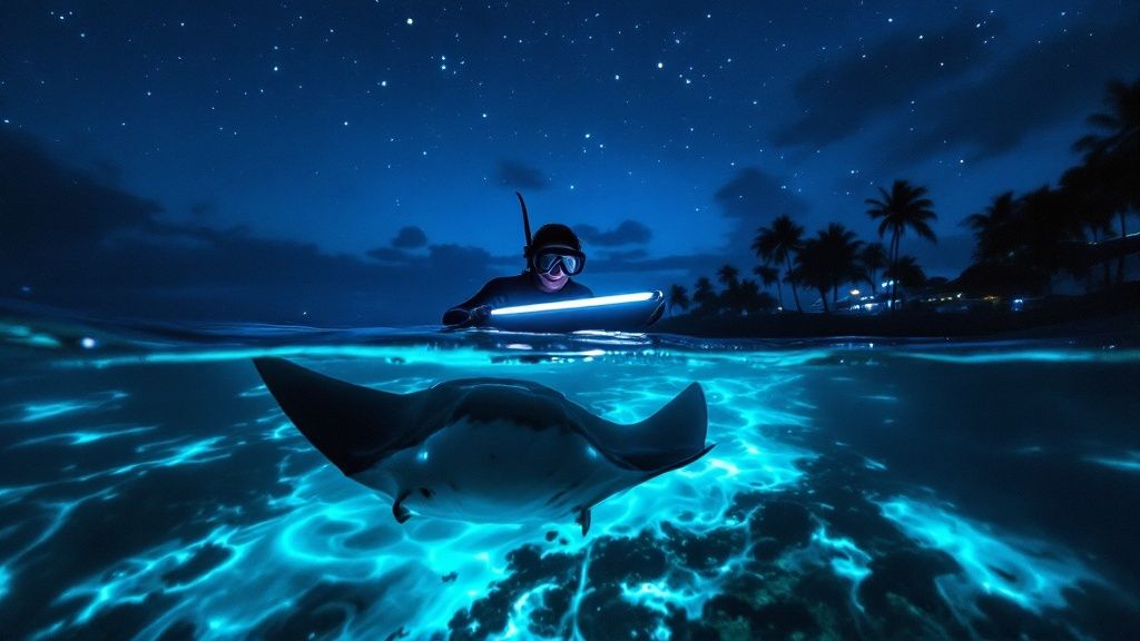 thumbnail_281e4e Snorkeler with light above glowing water, manta ray swimming below under a starry sky.