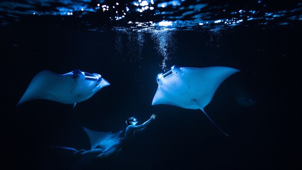 thumbnail_2900cd Diver swims underwater with two illuminated manta rays at night.