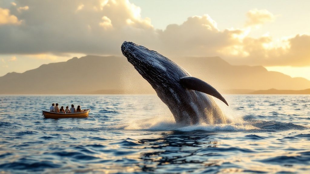 thumbnail_2a181d Whale breaching near a small boat with people, silhouetted mountain and cloudy sky at sunset.