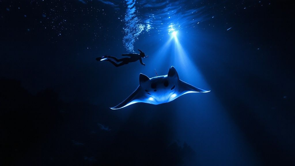 Diver swimming near manta ray underwater, illuminated by a beam of light from above.