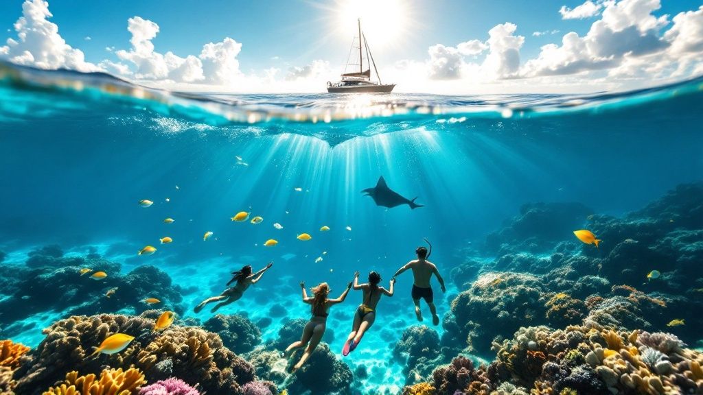thumbnail_334ae0 Three snorkelers swim over a coral reef, with a dolphin nearby and a boat above in clear blue water.