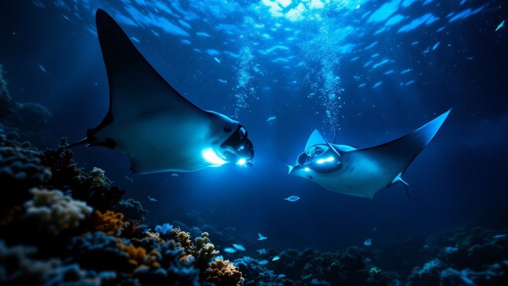 thumbnail_33e452 Two manta rays swimming underwater at night with glowing blue markings.