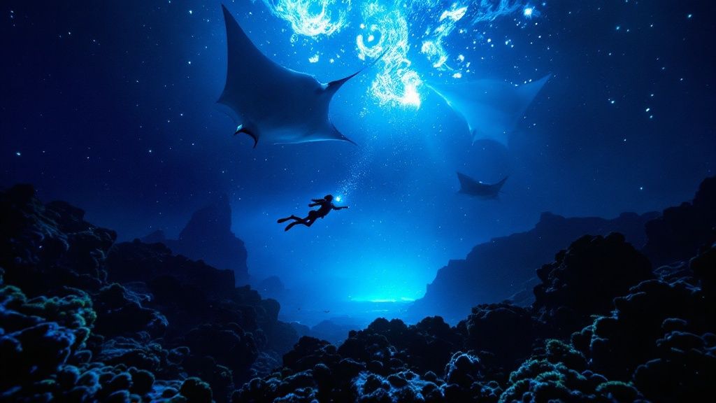 thumbnail_3ca52b Diver swimming with manta rays in glowing underwater scene, ocean floor visible.